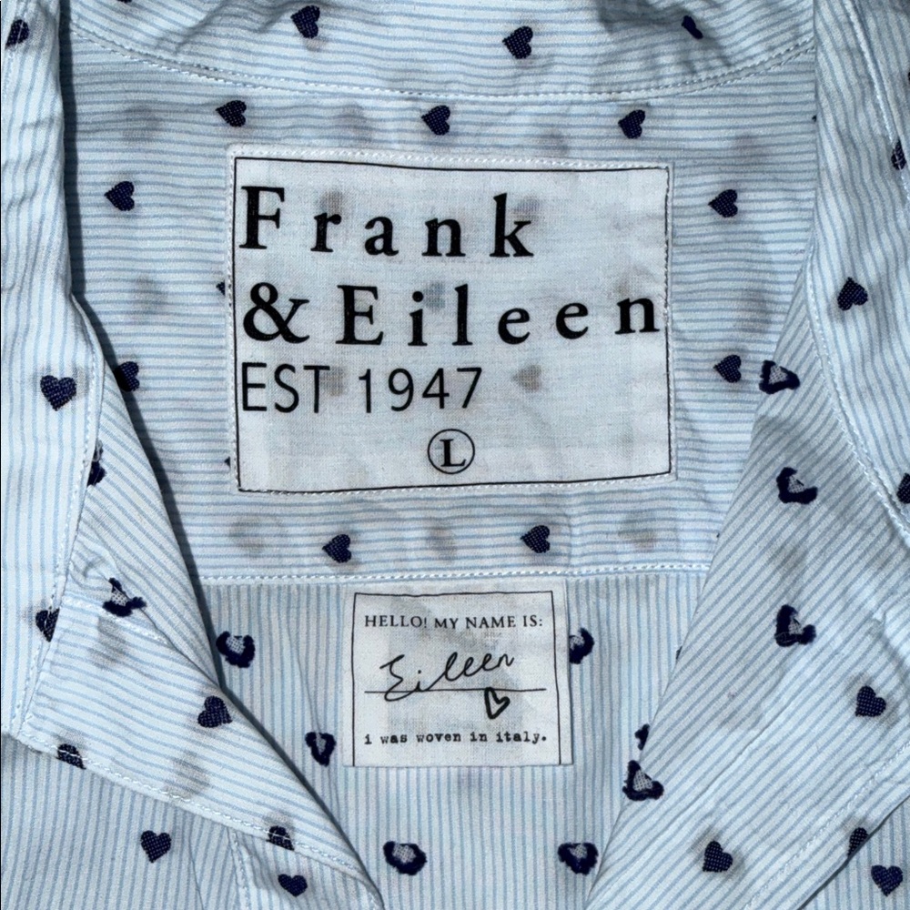 EUC Frank & Eileen - Women Button Down Shirt in Blue Stripe w/ Navy Hearts - Picture 5 of 13